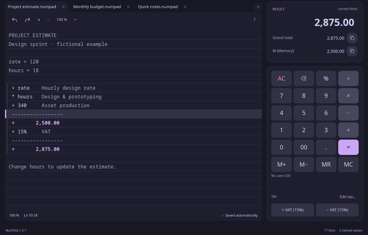 NumPad tape calculator in dark mode: a project estimate with named values, notes beside each amount, and a running total of 2,875.00